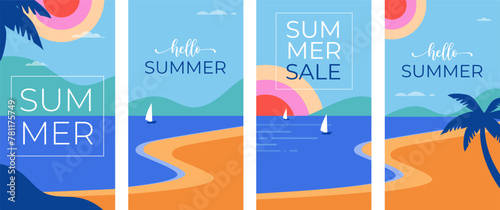 Colorful Geometric Summer and Travel Background, story templates, cards, posters, banners. Summer time fun concept design promotion design and illustration