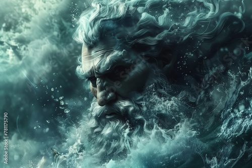 Close-up of the face of an elderly man with gray hair and a beard, reminiscent of the Greek god Poseidon. The man exudes a sense of strength and power