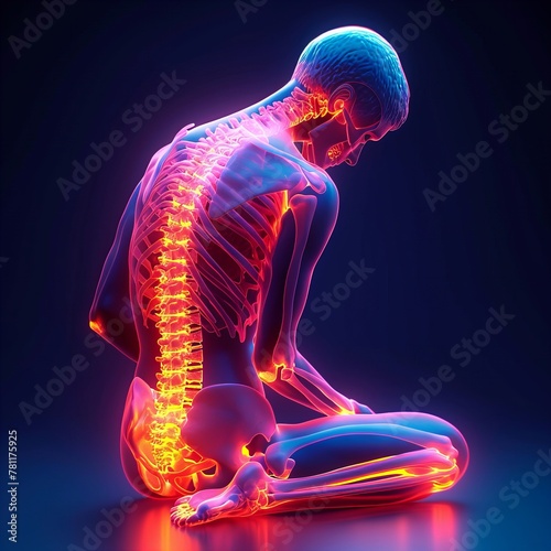 Illustration of a man with curvature of the spine, back pain, protrusion and hernia of the spine. Help from an osteopath, neurolog or surgeon, henriology. Medicine topics, 3D rendering x-ray radiology photo