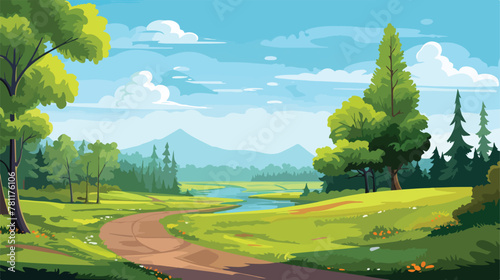 Fototapeta Naklejka Na Ścianę i Meble -  Highway in forest vector landscape. Cartoon road tr