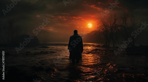 An AI illustration of a man in a rain coat standing near the water as the sun sets