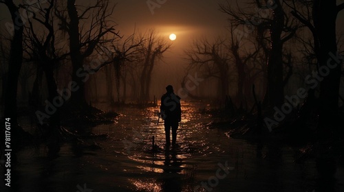 An AI illustration of a man standing in the middle of an empty creek at night © Wirestock