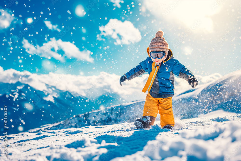 Cheerful kid have winter fun sport activities in snowy mountains, Cheerful kid have winter fun sport activities in snowy mountains,
