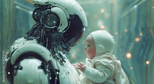 Emotive Science Fiction Scene: Humanoid Robot and Infant in a Tender Embrace - A Blend of Artificial Intelligence and Human Connection