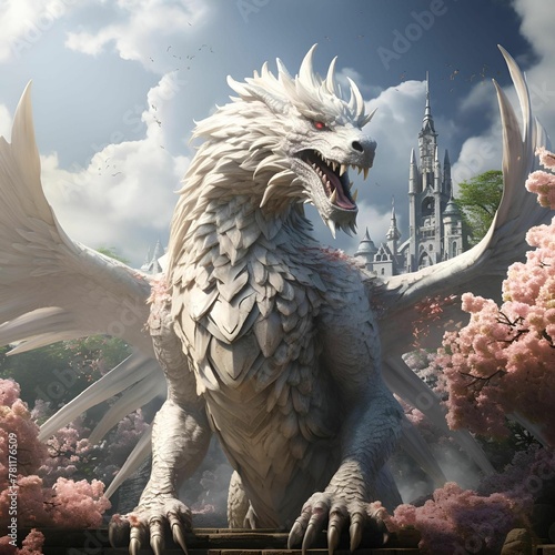 a white dragon with the wings spread in front of a castle