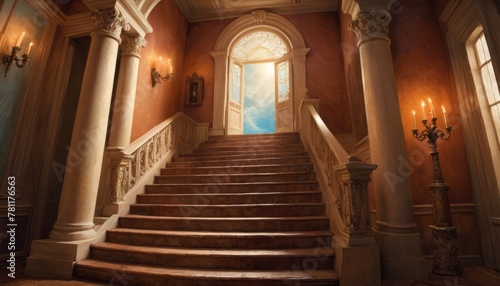 An opulent staircase in a luxurious mansion leads to an open door with a view of the sky, symbolizing opportunity and ascent.. AI Generation