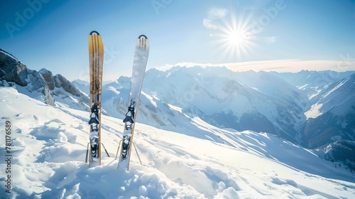 Winter activities concept: Pair of skis in snow with mountain backdrop. Sunny ski resort landscape, outdoor sports theme. Perfect day for skiing. AI © Irina Ukrainets