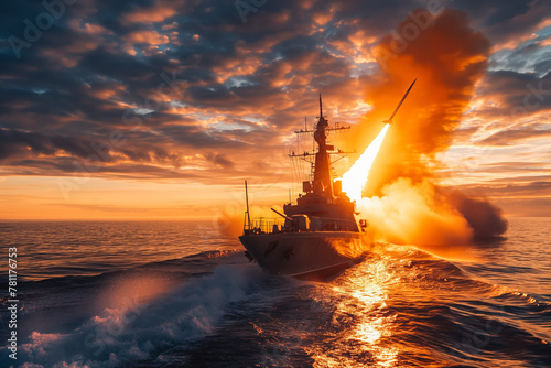 Missile launch from war ship on the high seas, warship, marines