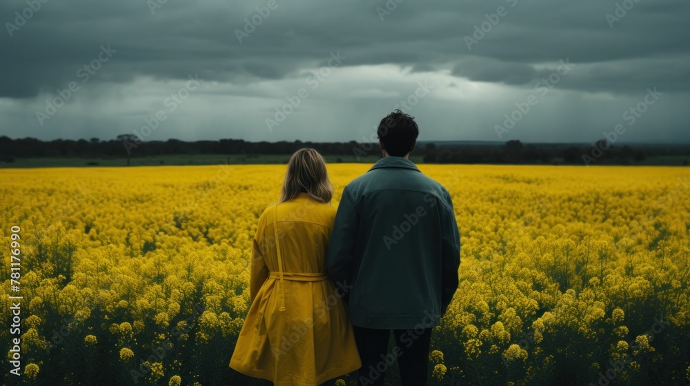 AI generated illustration of a young couple standing in a field of colorful wildflowers