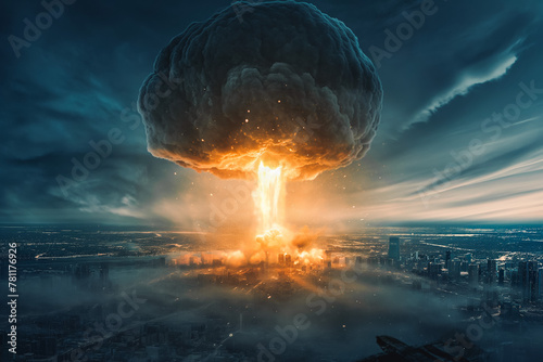 Nuclear war - Massive vibrant orange mushroom cloud from an Atomic explosion photo