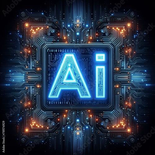 letters 'AI' in the center with a highly detailed futuristic circuit board background Generative AI
