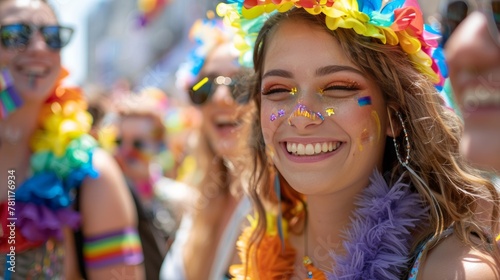 Happy smiling young woman at gay pride parade. Pride month celebration, Vibrant Street Celebration of LGBT Pride