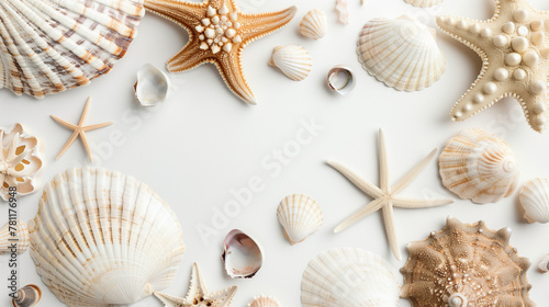 beach elements, snails, stars and other marine animals on white background