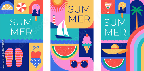 Colorful Geometric Summer and Travel Background, story templates, cards, posters, banners. Summer time fun concept design promotion design and illustration