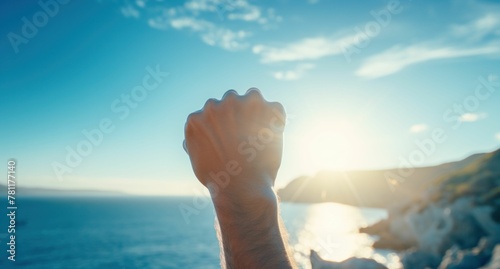 AI generated illustration of a man holding a fist in the air in sunlight