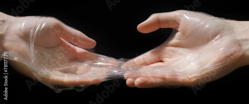 AI generated illustration of two hands in plastic wrap on a black background