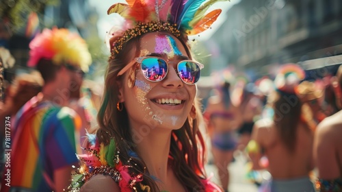 Happy smiling young American woman at gay pride parade. Pride month celebration, Vibrant Street Celebration of LGBT Pride