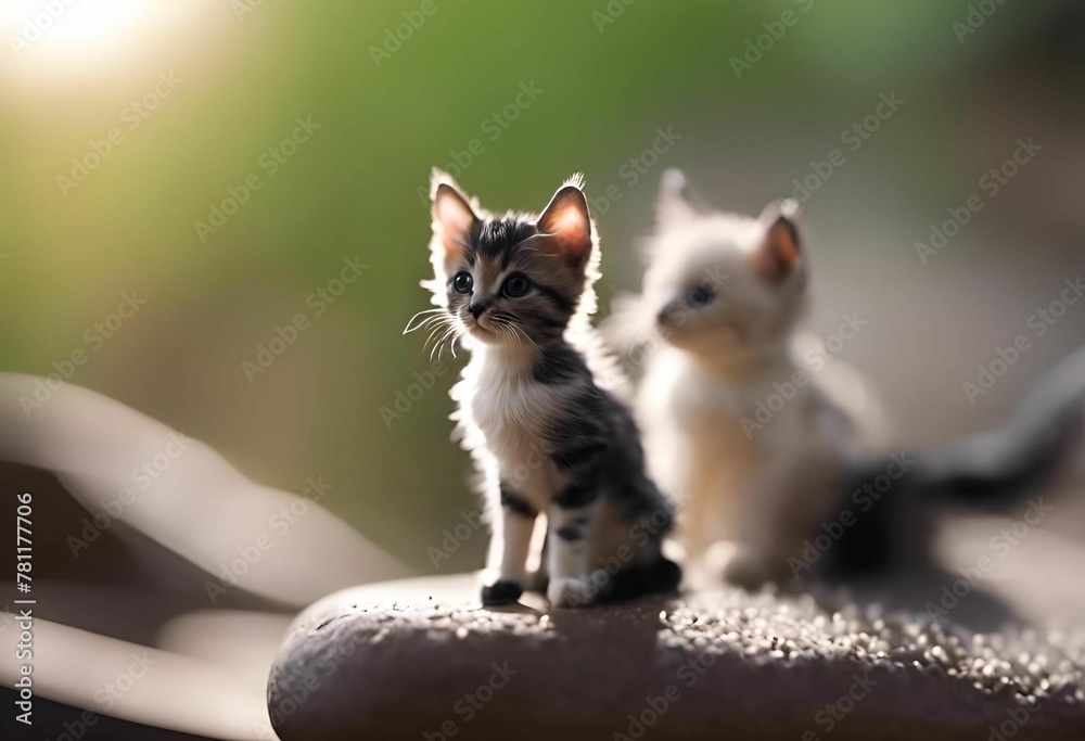 two small white and gray kittens sitting on a wooden surface
