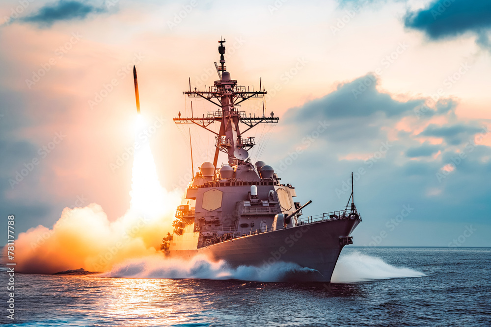 Speeding Navy Destroyer Class War Ship Launching a Missile