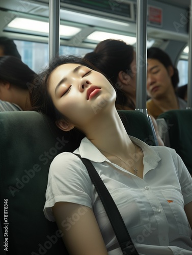 An AI illustration of people on a train with one sleeping, another laying on the ground