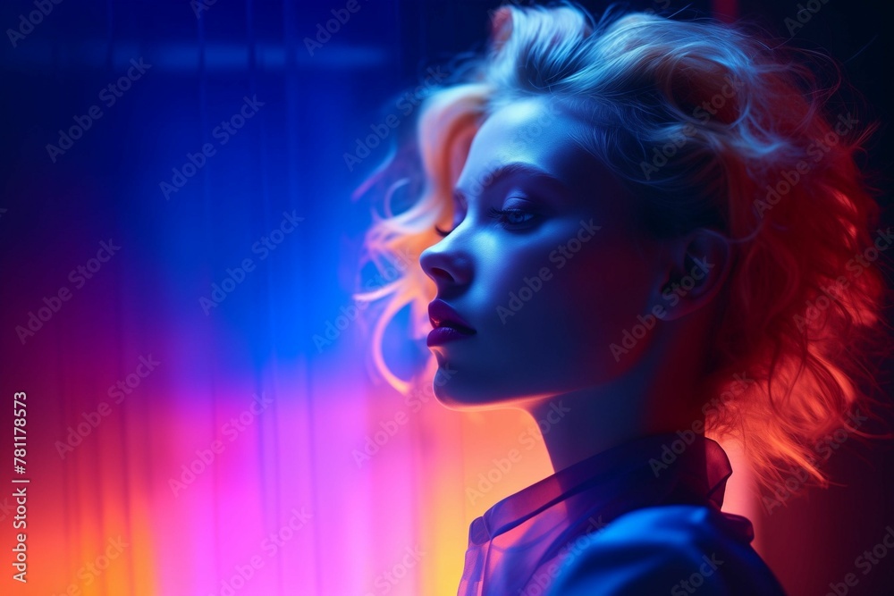 a woman with bright hair in blue and pink lighting in a brightly lit photo studio