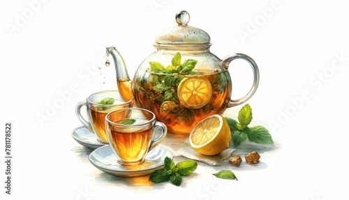 A realistic illustration depicting a glass teapot with mint tea, pouring into a cup, accompanied by fresh lemon and mint leaves.