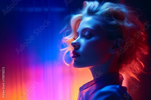 a woman with bright hair in blue and pink lighting in a brightly lit photo studio