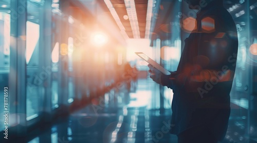 Blurry Image Businessman Using Tablets and Smartphone in Modern Office