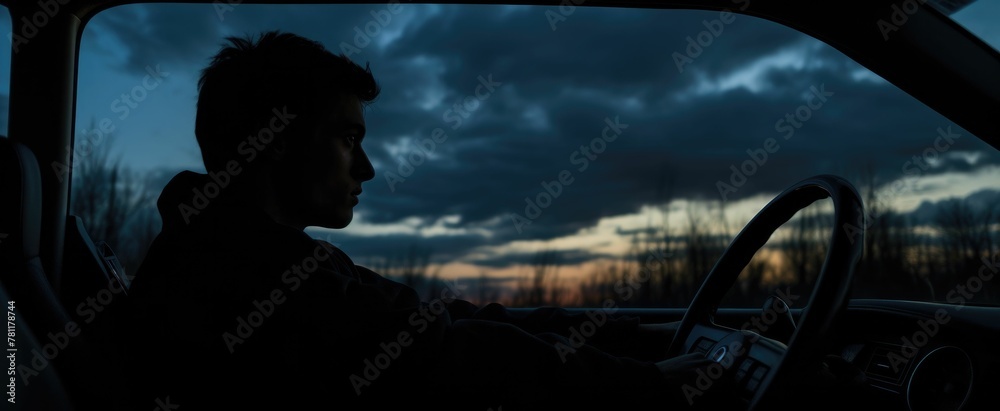 AI generated illustration of a young man sitting in a car at a cloudy sunset - obrazy, fototapety, plakaty 