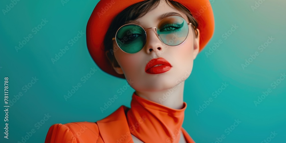 Model wearing green sunglasses and vibrant orange hat for a striking fashion statement Model wearing green sunglasses and vibrant orange hat for a striking fashion statement