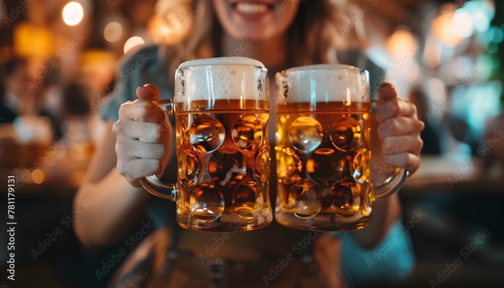 Beautiful girl holding two beers at Oktoberfest