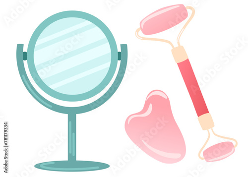 Mirror, gua sha scrapers made of natural stone and roller massager for facial care. Vector illustration