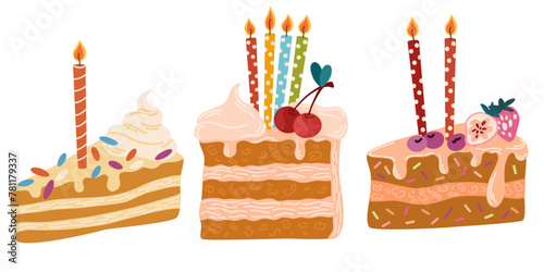 Cakes slices pieces with candles. Set of cakes. Vector illustration for postcards and stickers isolated on white