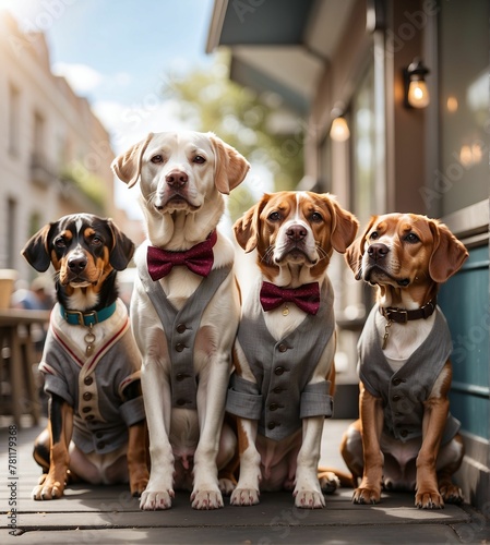 AI generated illustration of Four well-dressed dogs sitting on a porch