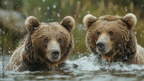 Two brown bears in water, capturing a dynamic moment with splashing and interaction.