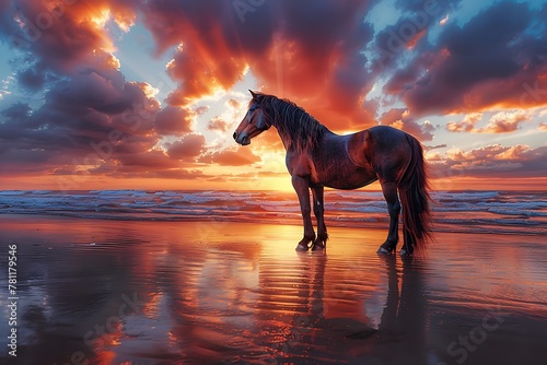 A foggy blue and orange sky with a sunset and a brown horse standing on a sandy beach