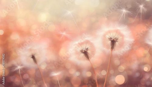 Dandelions blowing in the wind, peach fuzz tones, soft bokeh, selective focus, dreamy summer visual