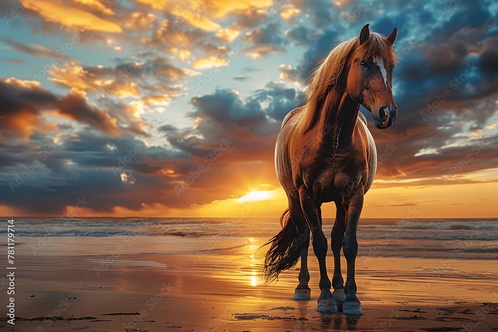 A foggy blue and orange sky with a sunset and a brown horse standing on a sandy beach A foggy blue and orange sky with a sunset and a brown horse standing on a sandy beach