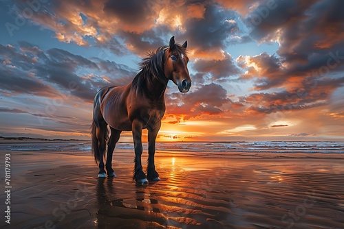 A foggy blue and orange sky with a sunset and a brown horse standing on a sandy beach