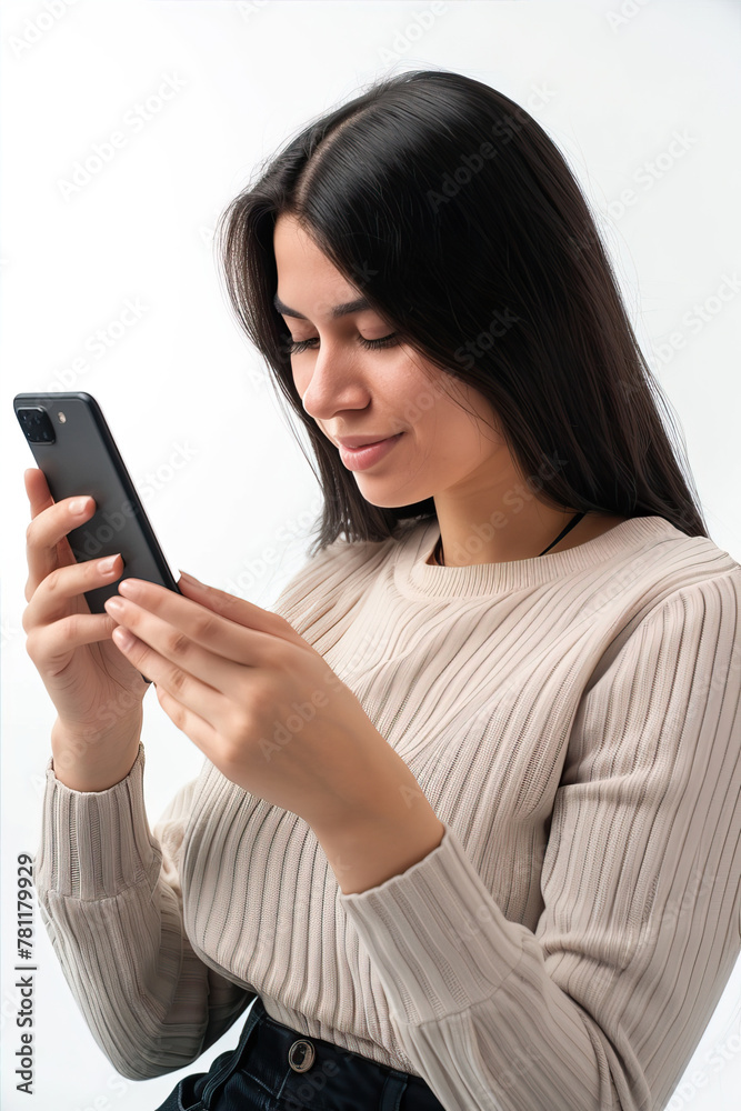 Portrait of a beautiful girl looking at the phone on a mint background
Portrait of a beautiful girl looking at the phone on a mint background