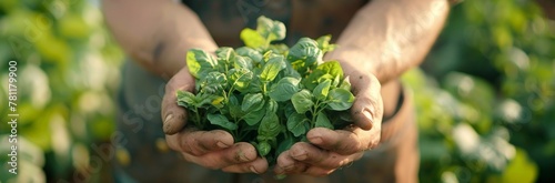 Close-up of hands holding a bunch of fresh green basil leaves.