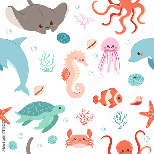Seamless pattern with marine animals or underwater creatures, sea and ocean life elements. Trendy patternfor wrapping paper, wallpaper, stickers, notebook cover. 