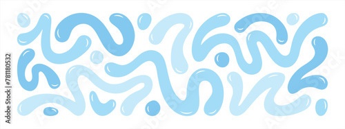 Water blobs, drips, squiggles, groovy doodle wavy stripes inscribed in a long banner shape, bold scribbles, liquid spots. Blue fluid watery graphic design elements, aquatic text background