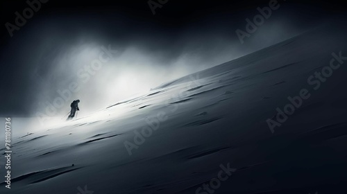 AI illustration of a persom trekking up a snowy mountain path. photo