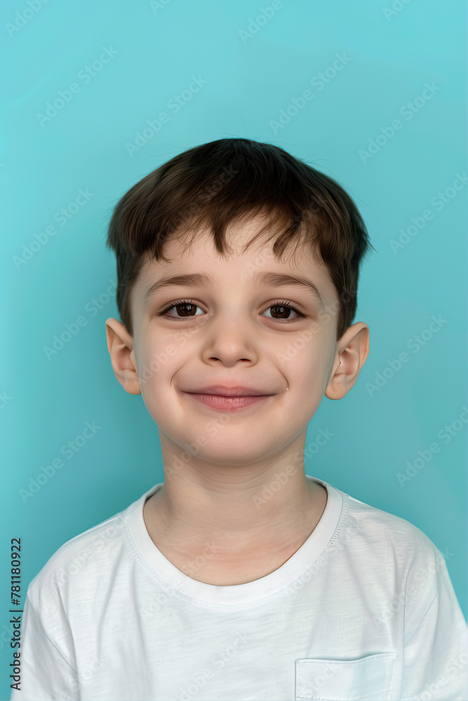Little boy smiling on blue background
Little boy smiling on blue background