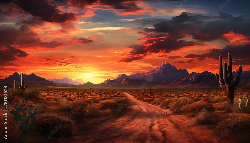 AI generated illustration of sunset over a dirt road in Arizona - obrazy, fototapety, plakaty 
