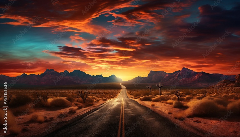 AI generated illustration of sunset over a dirt road in Arizona - obrazy, fototapety, plakaty 