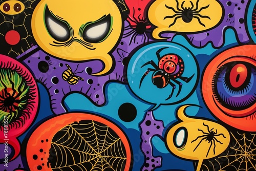 Pop art ignites the imagination with an array of colorful thought bubbles, each adorned with symbols embodying different fears, notably spiders.