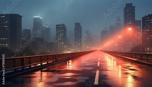 AI generated illustration of a road leading to a city illuminated at night