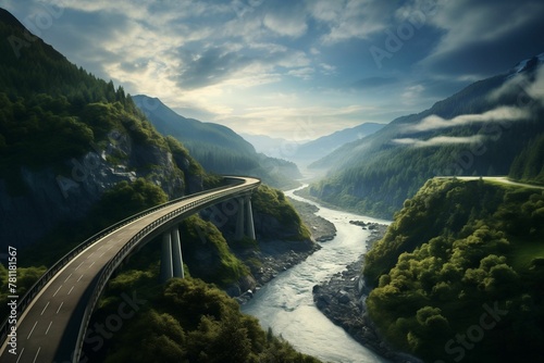 AI generated illustration of a bridge over a river in mountains at sunset photo